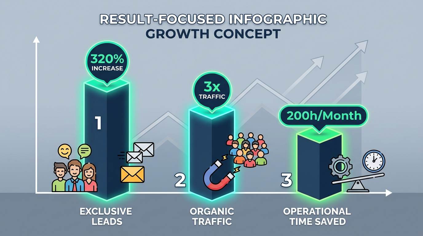 an illustrative bar graph and metrics display showing Cinute InfoMedia’s achieved client results: 320% Leads, 3x Traffic, 200h Saved, a growth infographic.