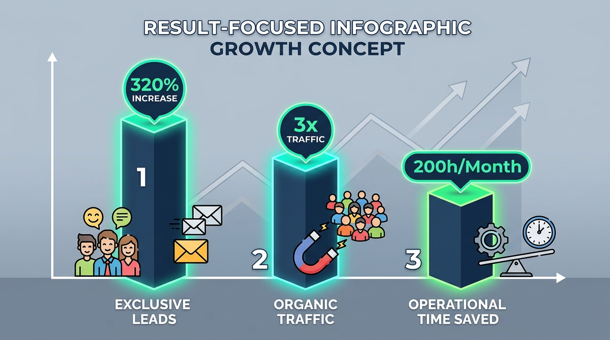 an illustrative bar graph and metrics display showing Cinute InfoMedia’s achieved client results: 320% Leads, 3x Traffic, 200h Saved, a growth infographic.