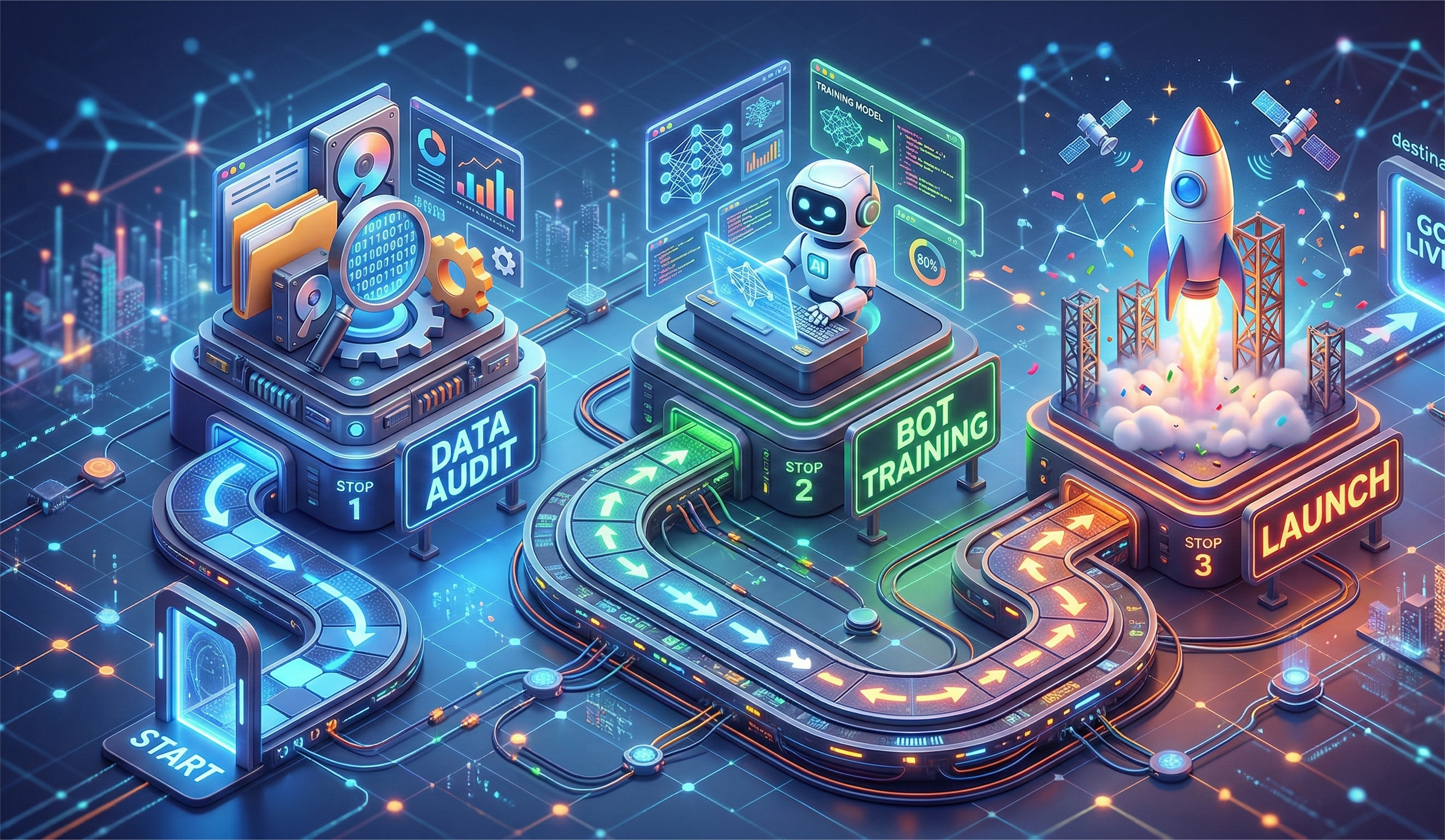 A 3D isometric infographic titled "2026 ROADMAP" showing a glowing, winding path with three sequential stops. Stop 1, "DATA AUDIT," features a platform with a large magnifying glass, digital folders, and gears. Stop 2, "BOT TRAINING," shows a small white robot working at a computer station with neural network diagrams. Stop 3, "LAUNCH," features a rocket ship taking off from a glowing pad. The entire scene is set against a dark blue background filled with futuristic digital nodes, circuit lines, and soft bokeh lighting.