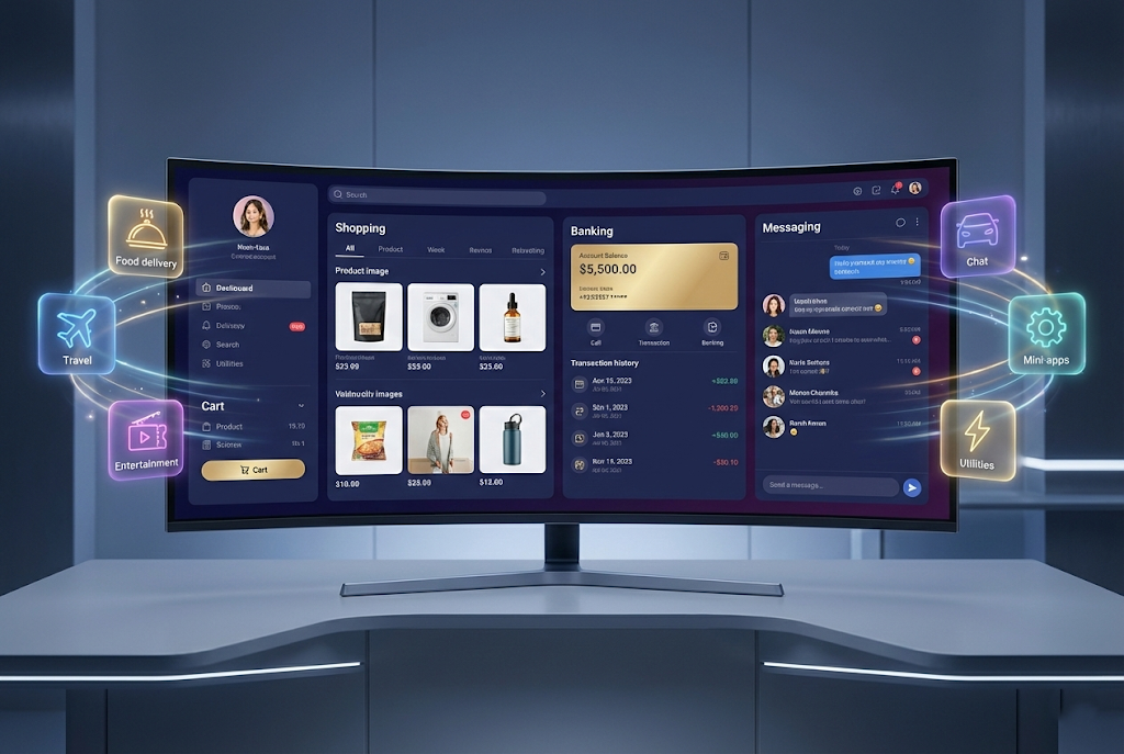 A curved monitor displaying a "Super App" dashboard with integrated shopping, banking, and messaging sections, surrounded by glowing floating icons.