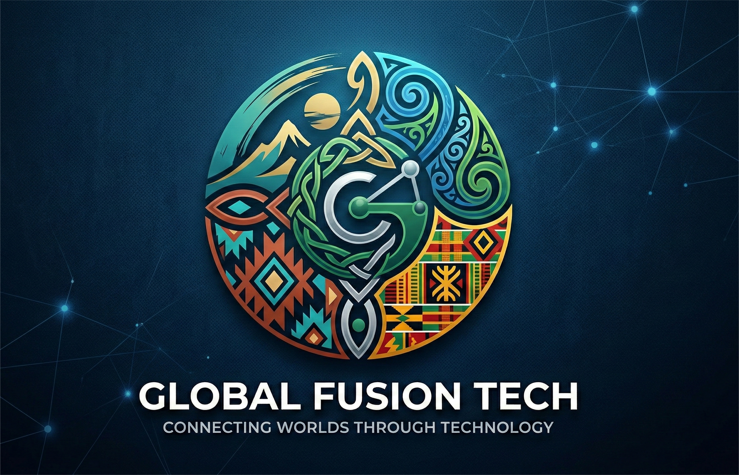 A circular logo for "GLOBAL FUSION TECH" centered on a dark blue background with faint glowing network nodes. The logo icon is a complex, colorful sphere divided into five distinct sections, each representing a different global art style: Japanese ink-wash mountains (Asia), flowing Maori-inspired turquoise swirls (Oceania), Celtic green knotwork (Europe), vibrant geometric Kente weaving patterns (Africa), and earth-toned Andean textile motifs (South America). In the center, a silver "G" logo with a digital node represents the technological core. Below the icon, the company name is written in bold white sans-serif text with the tagline "CONNECTING WORLDS THROUGH TECHNOLOGY."