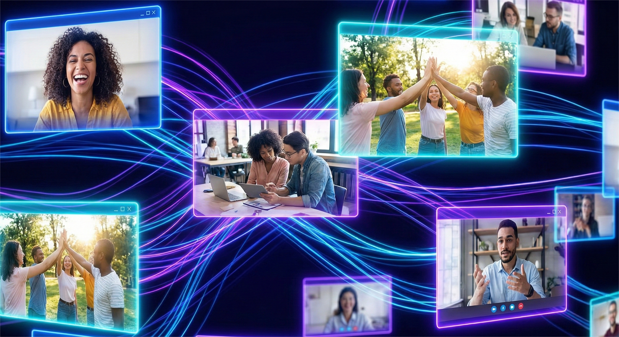 A digital illustration showing a network of diverse people in interconnected video call frames. Glowing blue and purple lines link various screens displaying individuals laughing, collaborating in an office, high-fiving outdoors, and speaking in a meeting, representing virtual connectivity and global interaction.