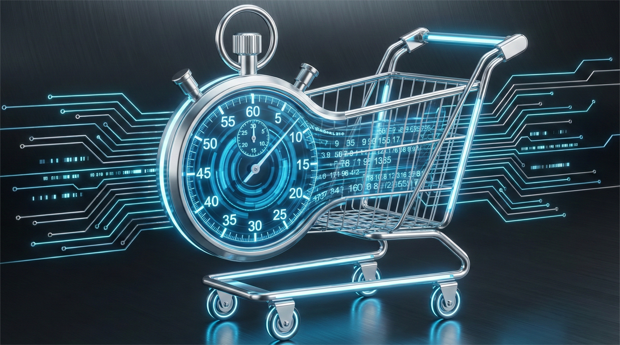 A minimalist 3D conceptual render of a silver stopwatch merging into a chrome shopping cart. The objects are surrounded by pulsing neon blue digital circuit lines and data streams against a dark, professional background, symbolizing high-speed e-commerce and rapid transaction processing.