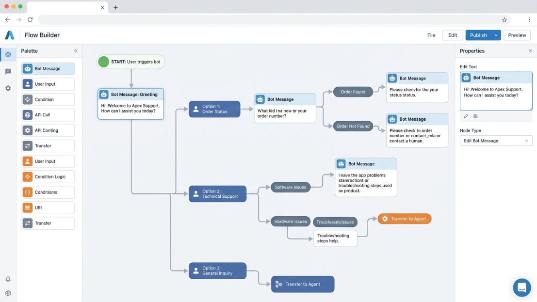 A chatbot visual flow builder interface displaying structured branching logic nodes for order status, technical support, and general inquiry paths.