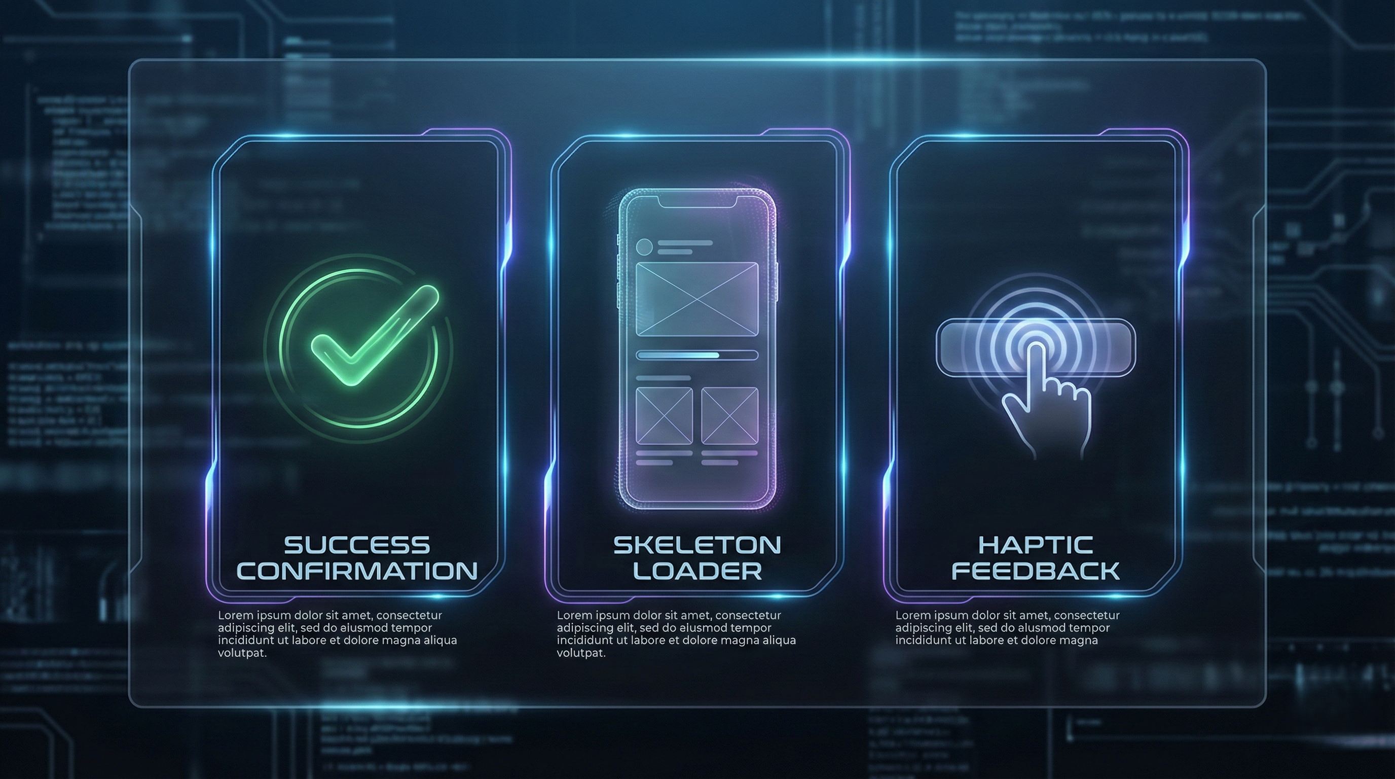 A futuristic digital infographic with three glowing, transparent panels against a blue circuit board background. The left panel contains a green glowing checkmark icon labeled "SUCCESS CONFIRMATION" with placeholder text below. The middle panel shows a glowing blue outline of a mobile phone interface with empty content placeholders, labeled "SKELETON LOADER" and placeholder text. The right panel displays a glowing blue hand icon touching a button with radiating ripple effects, labeled "HAPTIC FEEDBACK" with placeholder text.