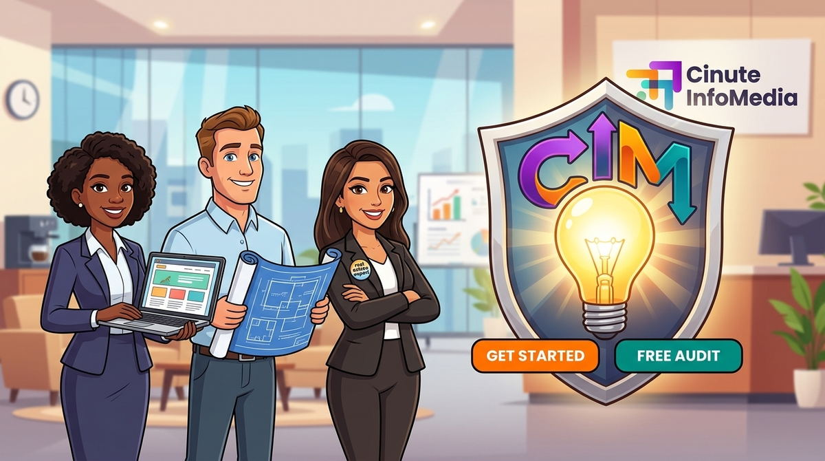 Cinute InfoMedia team infographic: expert digital strategists and real estate web developers standing beside a shield that reads 'IDX INTEGRATION,' ready to start a free digital audit.