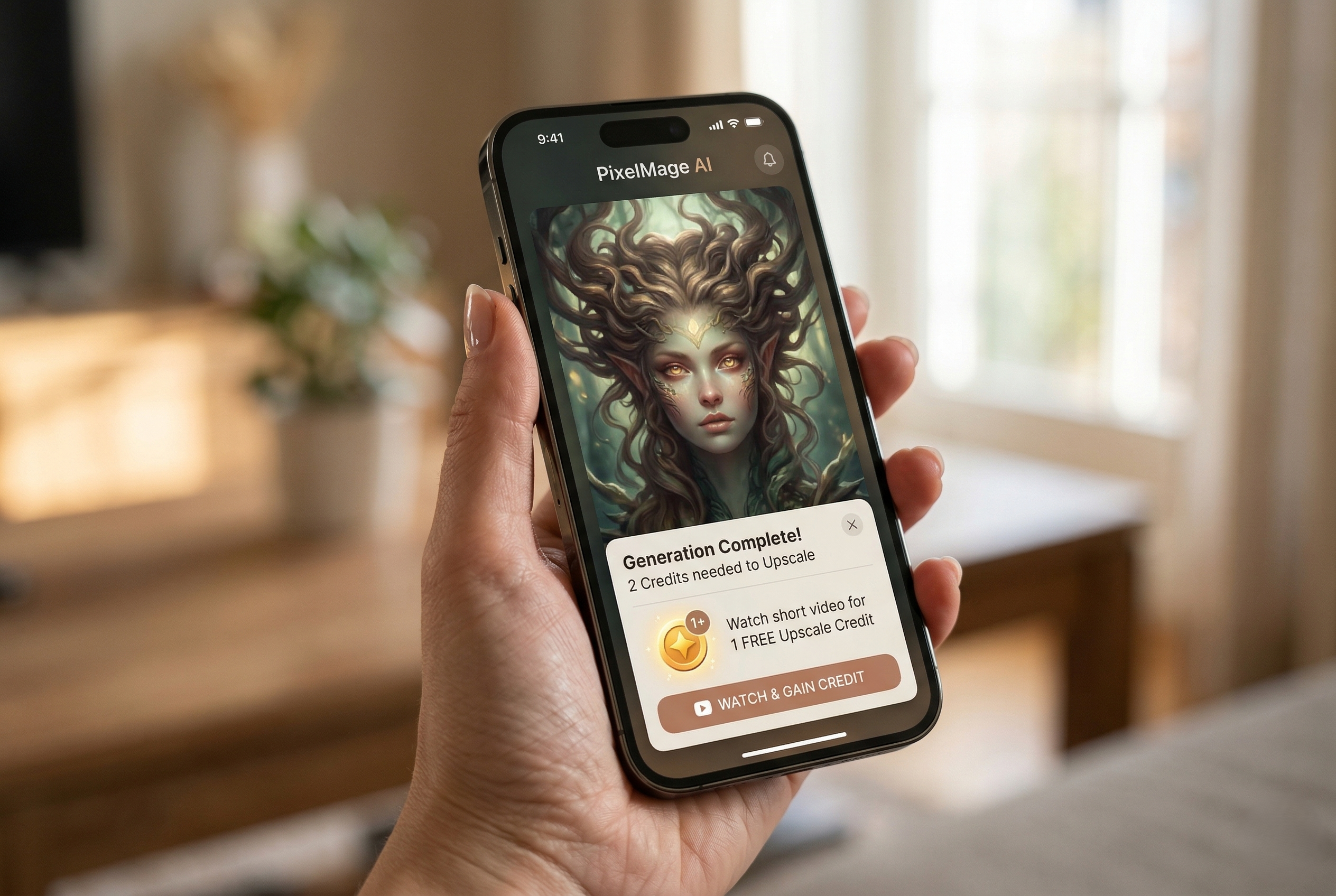 Hand holding a smartphone displaying a rewarded ad interface integrated into an AI-powered creative application.