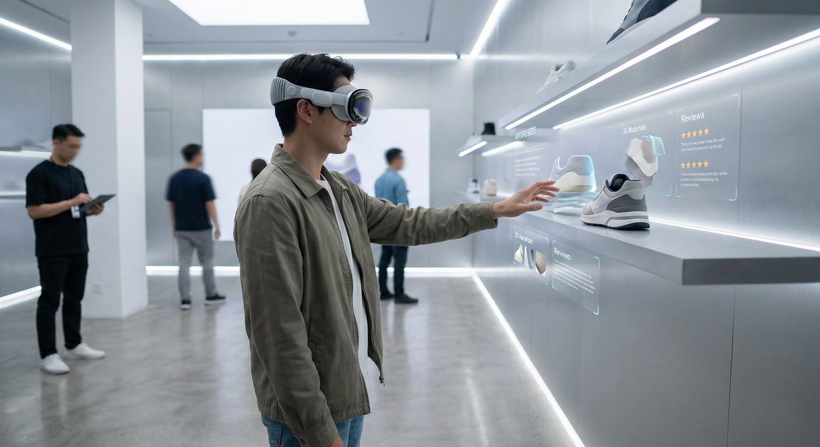 A man in a modern, minimalist retail store wears an augmented reality headset and reaches out to interact with a holographic display floating next to a shoe on a shelf. The virtual interface shows product details, customer reviews with star ratings, and a 3D model of the shoe. Other shoppers and a store employee with a tablet are visible in the brightly lit background.