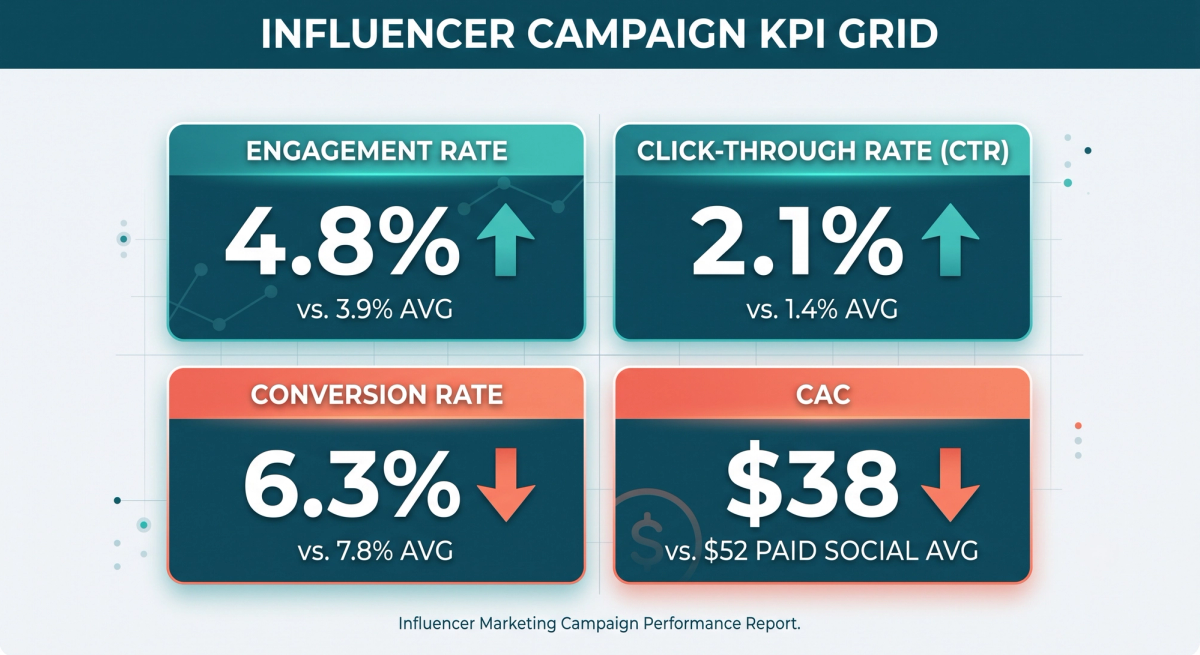 KPI grid comparing engagement rate, click-through rate, conversion rate, and customer acquisition cost for an influencer campaign.