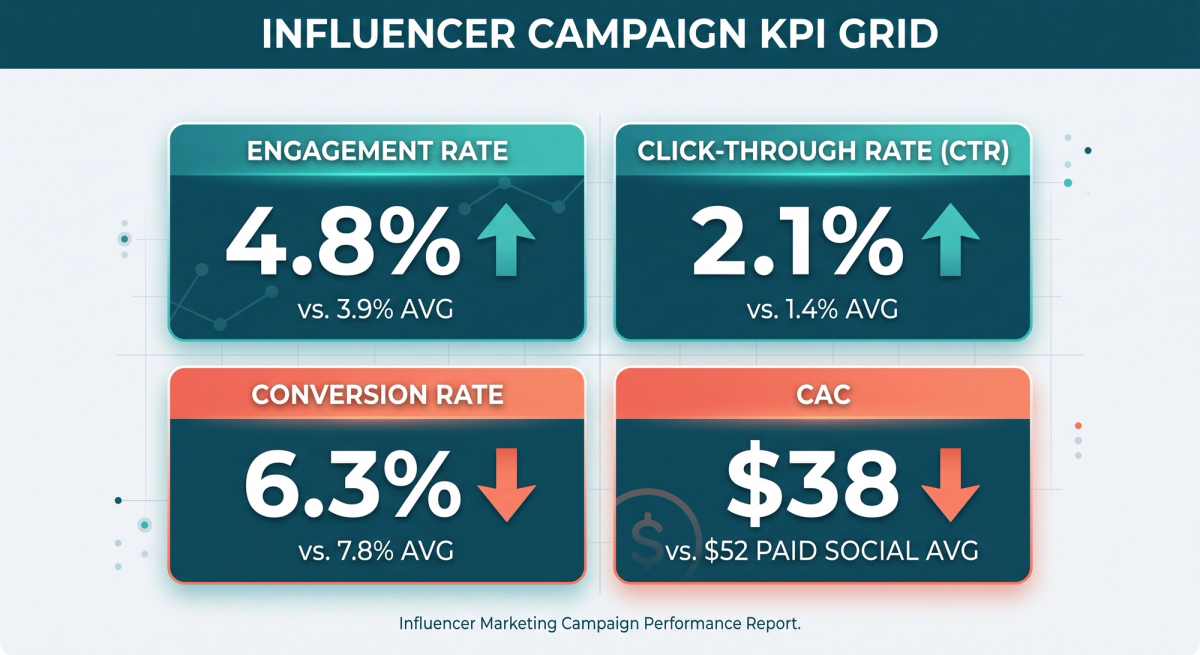 KPI grid comparing engagement rate, click-through rate, conversion rate, and customer acquisition cost for an influencer campaign.