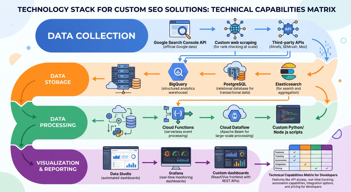 Comparison matrix of SEO monitoring tools showing features like API access, real-time tracking, automation capabilities, integration options, and pricing for developers.