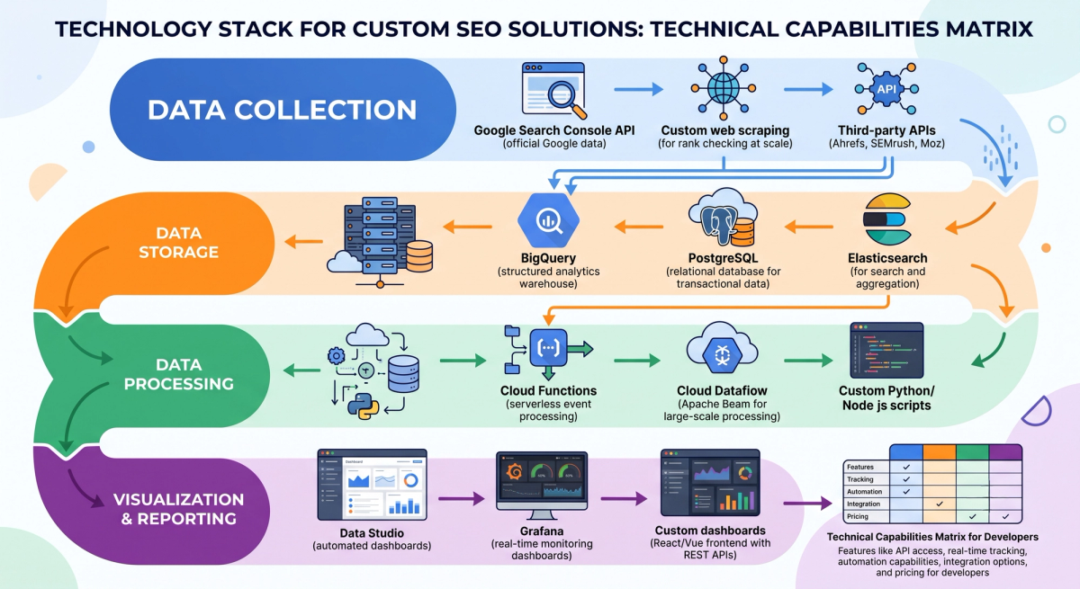 Comparison matrix of SEO monitoring tools showing features like API access, real-time tracking, automation capabilities, integration options, and pricing for developers.