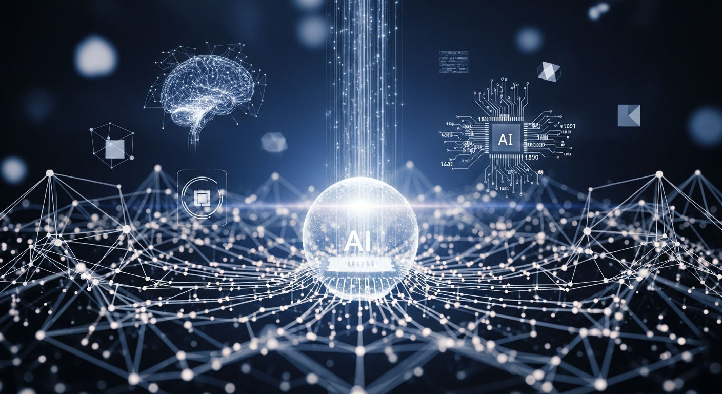 Illustration of an AI brain connected to various business apps through a network of automation lines.