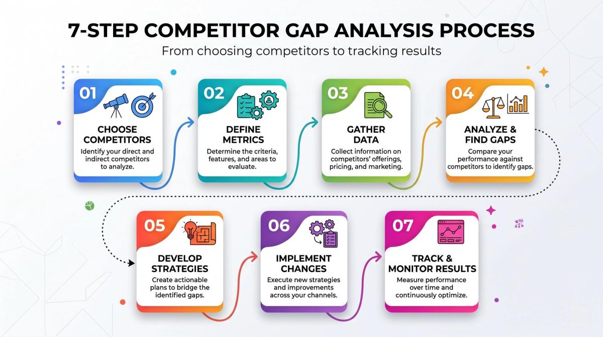 Seven-step flowchart for running a competitor gap analysis from choosing competitors to tracking results