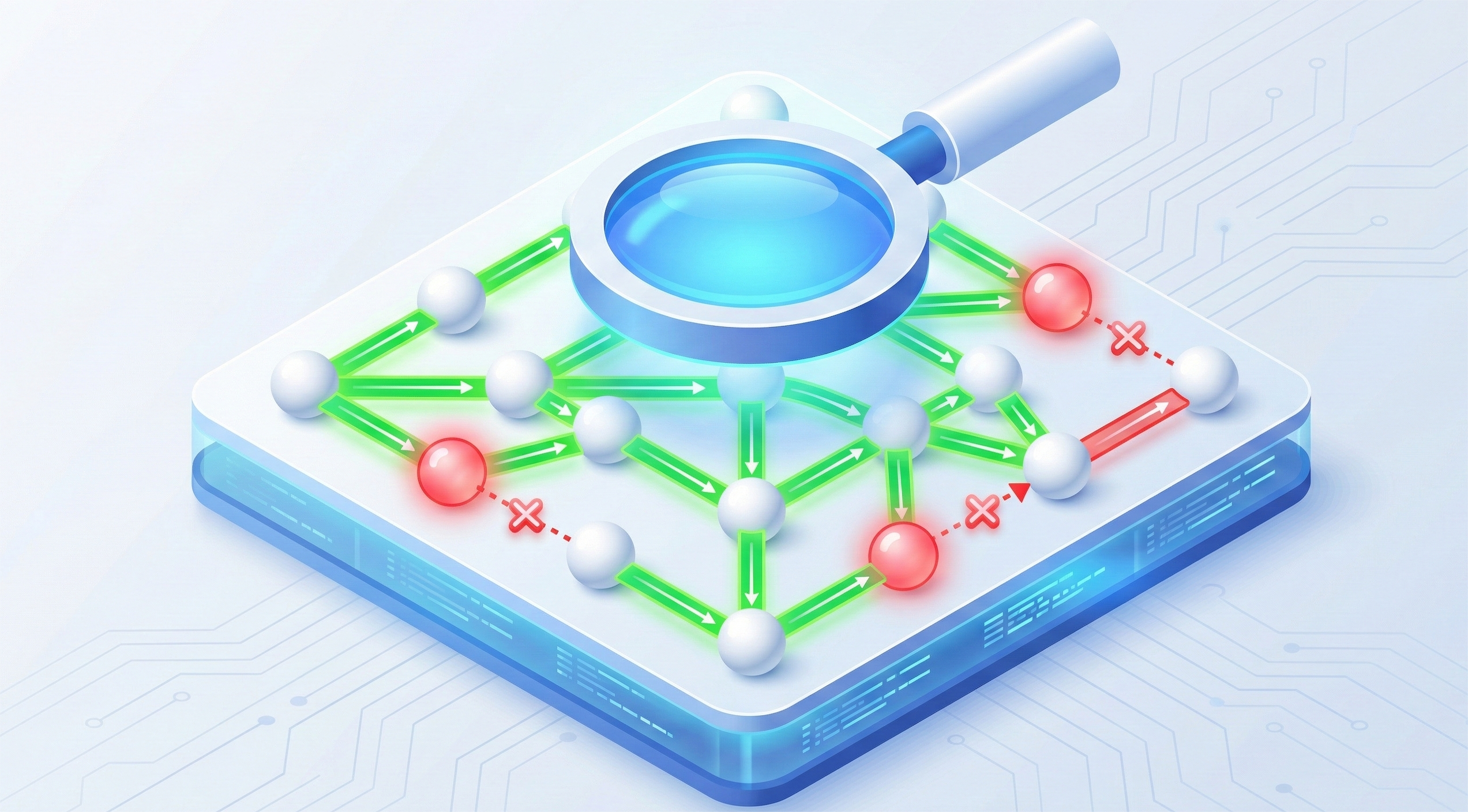 A 3D isometric infographic illustrates a website's internal link structure as a network of interconnected nodes on a square platform. A large magnifying glass hovers over the center, highlighting the flow. Most paths between the white spherical nodes are illuminated with bright green arrows, indicating successful crawling and connectivity. However, a few paths are marked in red with "X" symbols and lead to red spherical nodes, representing blocked or broken links. The entire structure rests on a blue, transparent base with circuit board patterns, set against a light blue gradient background.
