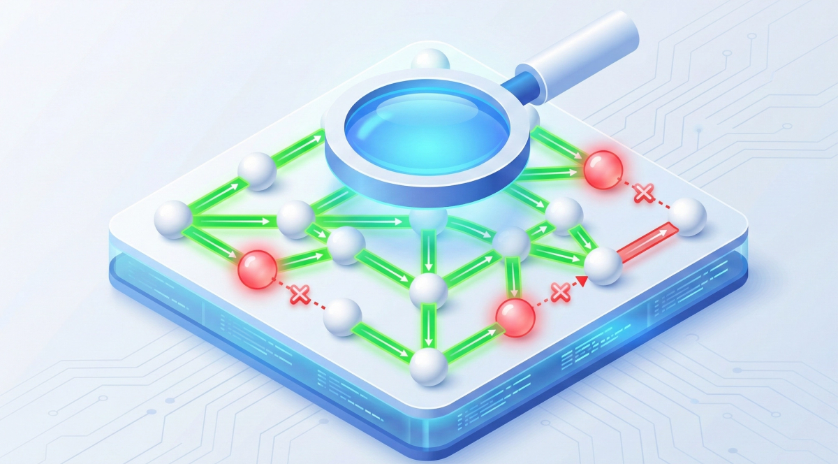 A 3D isometric infographic illustrates a website's internal link structure as a network of interconnected nodes on a square platform. A large magnifying glass hovers over the center, highlighting the flow. Most paths between the white spherical nodes are illuminated with bright green arrows, indicating successful crawling and connectivity. However, a few paths are marked in red with "X" symbols and lead to red spherical nodes, representing blocked or broken links. The entire structure rests on a blue, transparent base with circuit board patterns, set against a light blue gradient background.