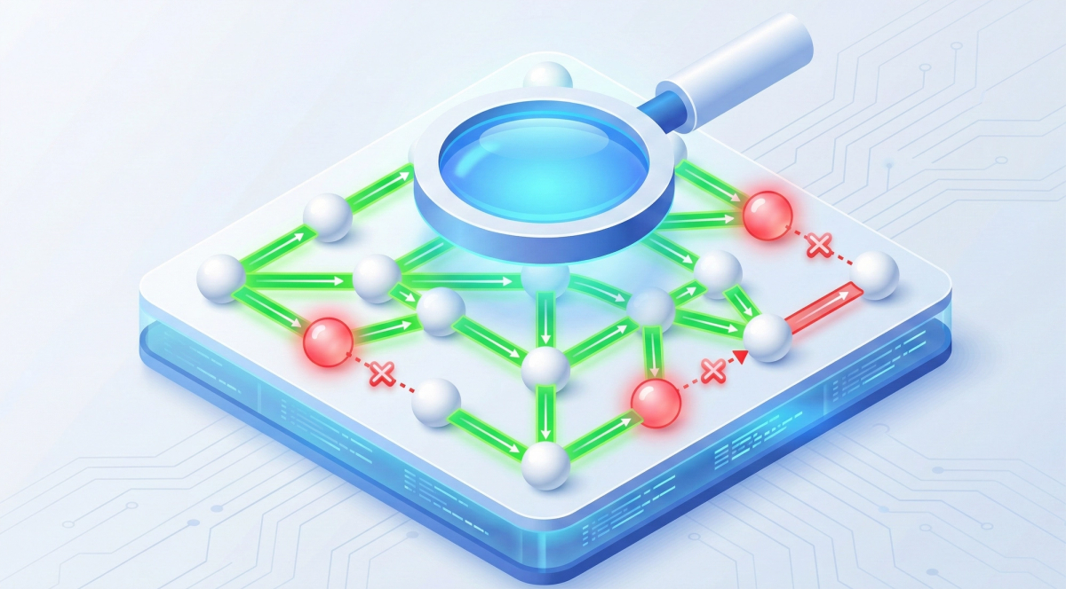 A 3D isometric infographic illustrates a website's internal link structure as a network of interconnected nodes on a square platform. A large magnifying glass hovers over the center, highlighting the flow. Most paths between the white spherical nodes are illuminated with bright green arrows, indicating successful crawling and connectivity. However, a few paths are marked in red with "X" symbols and lead to red spherical nodes, representing blocked or broken links. The entire structure rests on a blue, transparent base with circuit board patterns, set against a light blue gradient background.