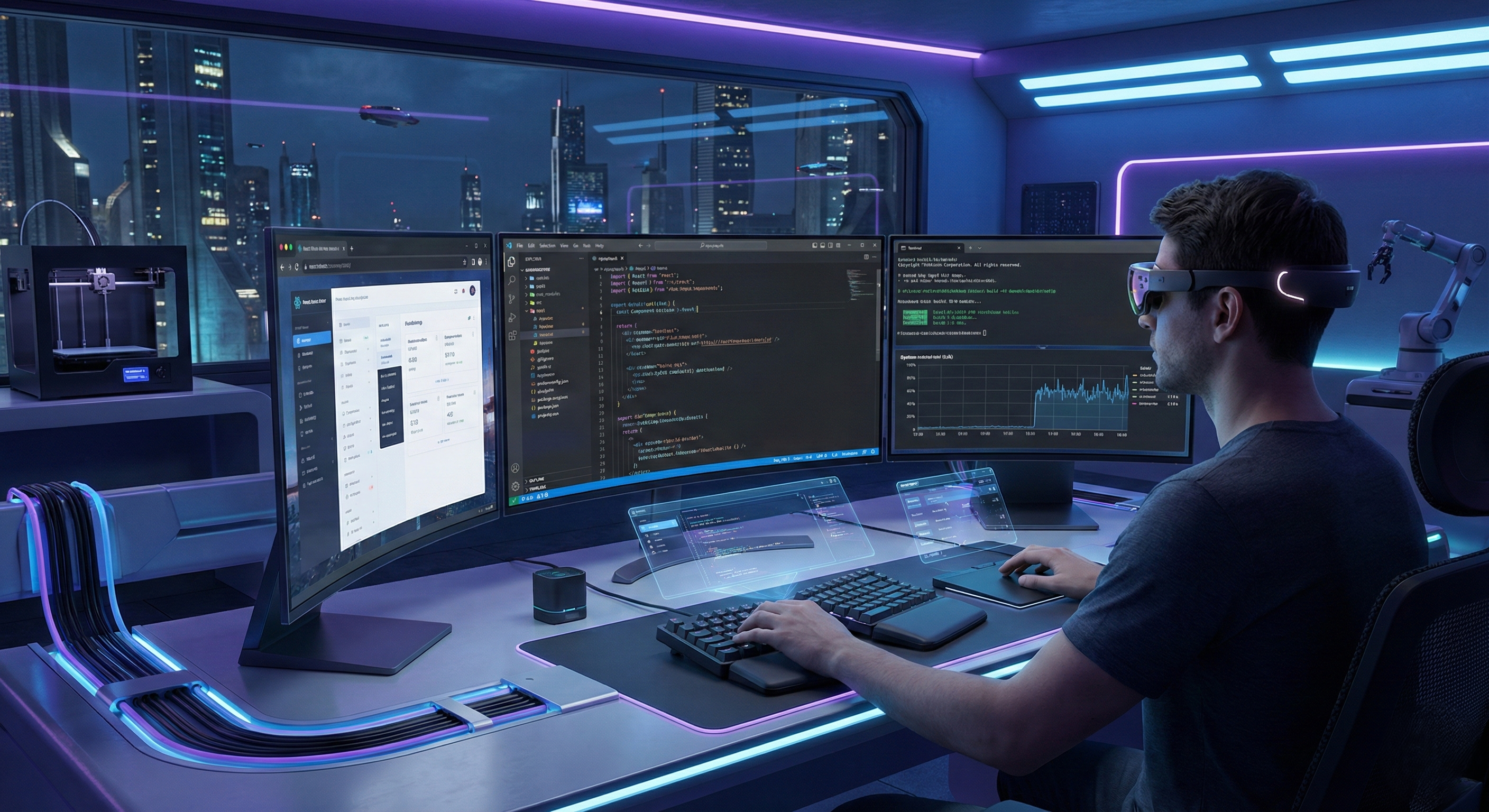 A high-tech, futuristic workspace features a developer wearing slim AR glasses, seated at a desk with three large, curved monitors. The screens display a React application interface, complex lines of code in a modern editor, and real-time performance analytics. The desk is equipped with a split ergonomic keyboard and a digital trackpad, with glowing blue data cables running along the side. In the background, a 3D printer and a small robotic arm are visible, while a large window reveals a sprawling futuristic city with flying vehicles under a twilight sky.