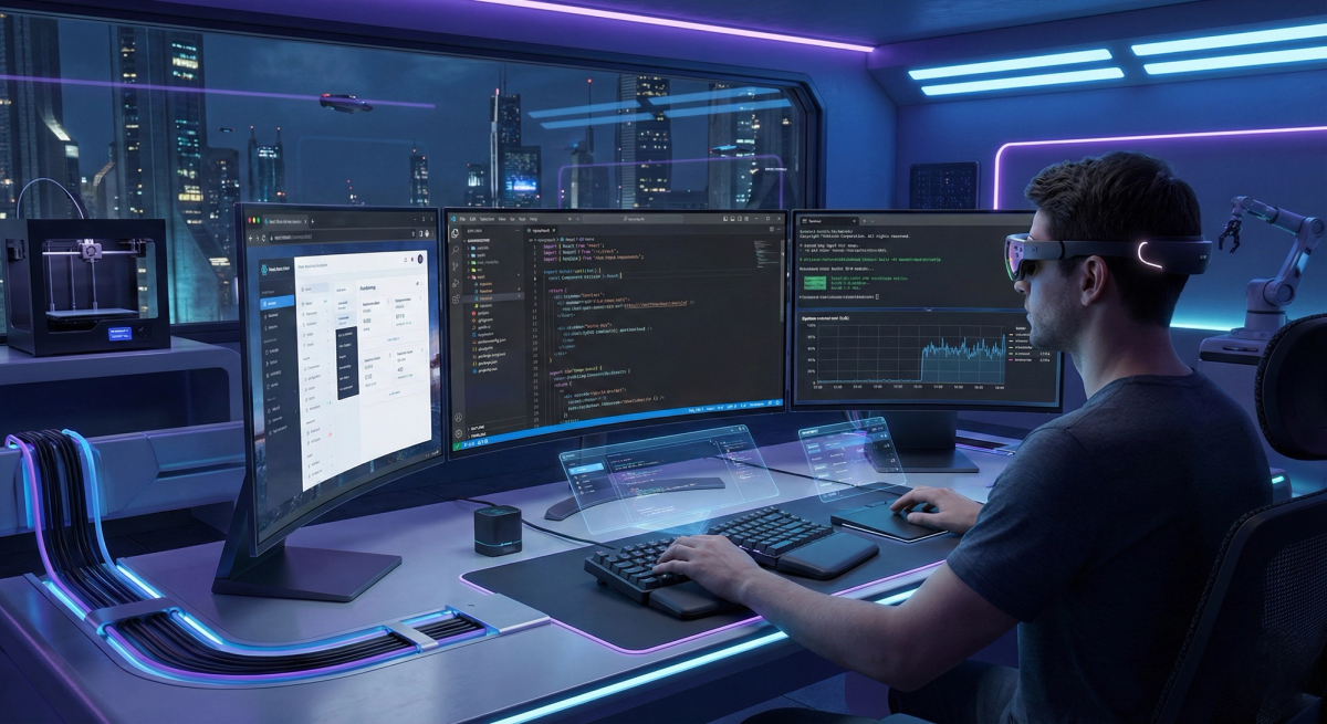 A high-tech, futuristic workspace features a developer wearing slim AR glasses, seated at a desk with three large, curved monitors. The screens display a React application interface, complex lines of code in a modern editor, and real-time performance analytics. The desk is equipped with a split ergonomic keyboard and a digital trackpad, with glowing blue data cables running along the side. In the background, a 3D printer and a small robotic arm are visible, while a large window reveals a sprawling futuristic city with flying vehicles under a twilight sky.