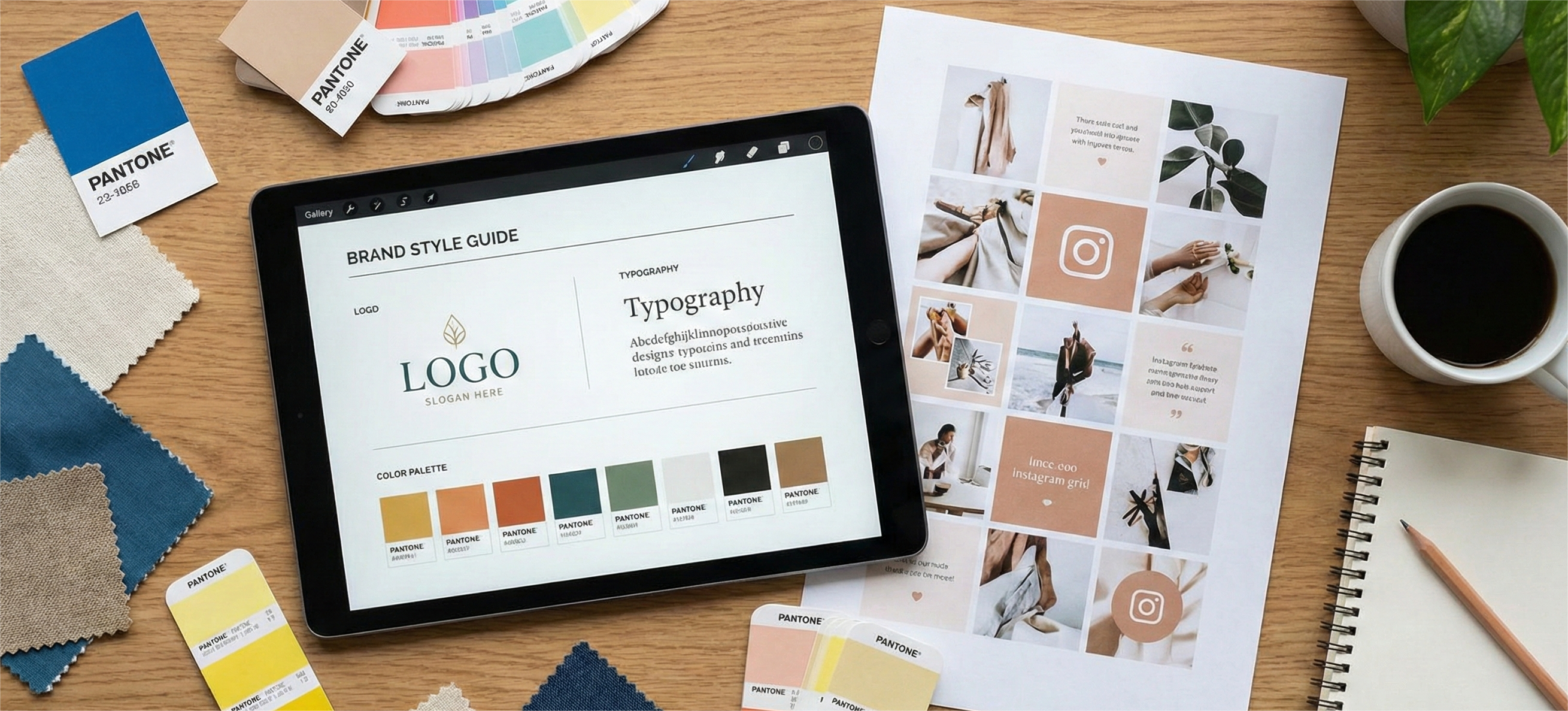 A top-down flat-lay photograph of a professional graphic designer's wooden desk. Centered is a tablet displaying a digital "BRAND STYLE GUIDE" with logo and typography specifications. Surrounding the tablet are various Pantone color swatch books and loose chips, textured fabric squares, a printed sheet showing a cohesive Instagram social media grid layout, a spiral notebook with a pencil, a cup of black coffee, and a potted green plant.