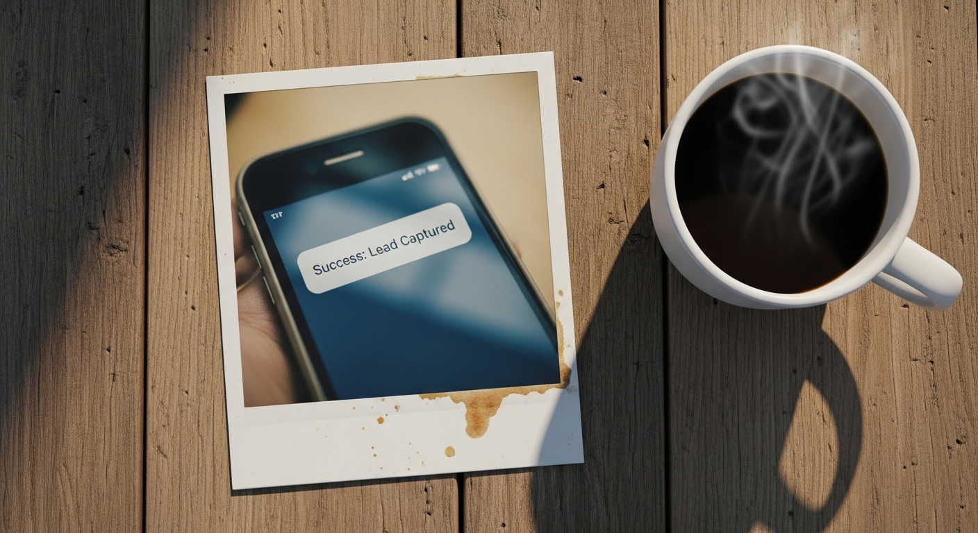 A vintage Polaroid showing an automated lead capture notification on a smartphone.