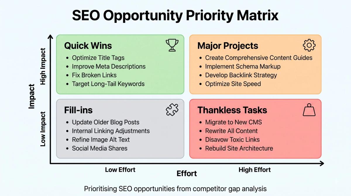 Impact versus effort matrix used to prioritise SEO opportunities found through competitor gap analysis