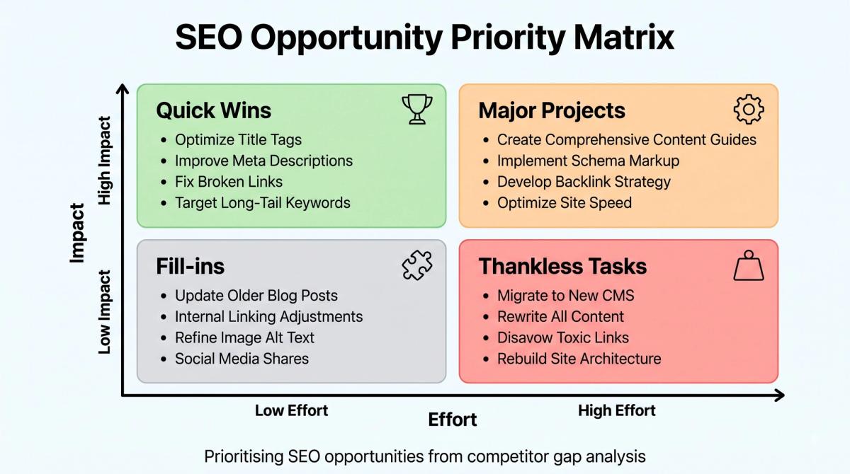 Impact versus effort matrix used to prioritise SEO opportunities found through competitor gap analysis