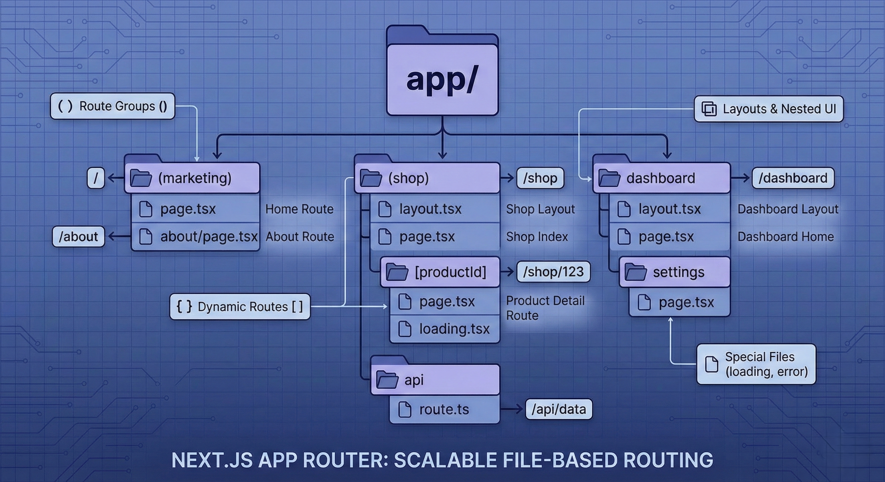 Visual diagram of Next.js App Router file-based routing for scalable web apps