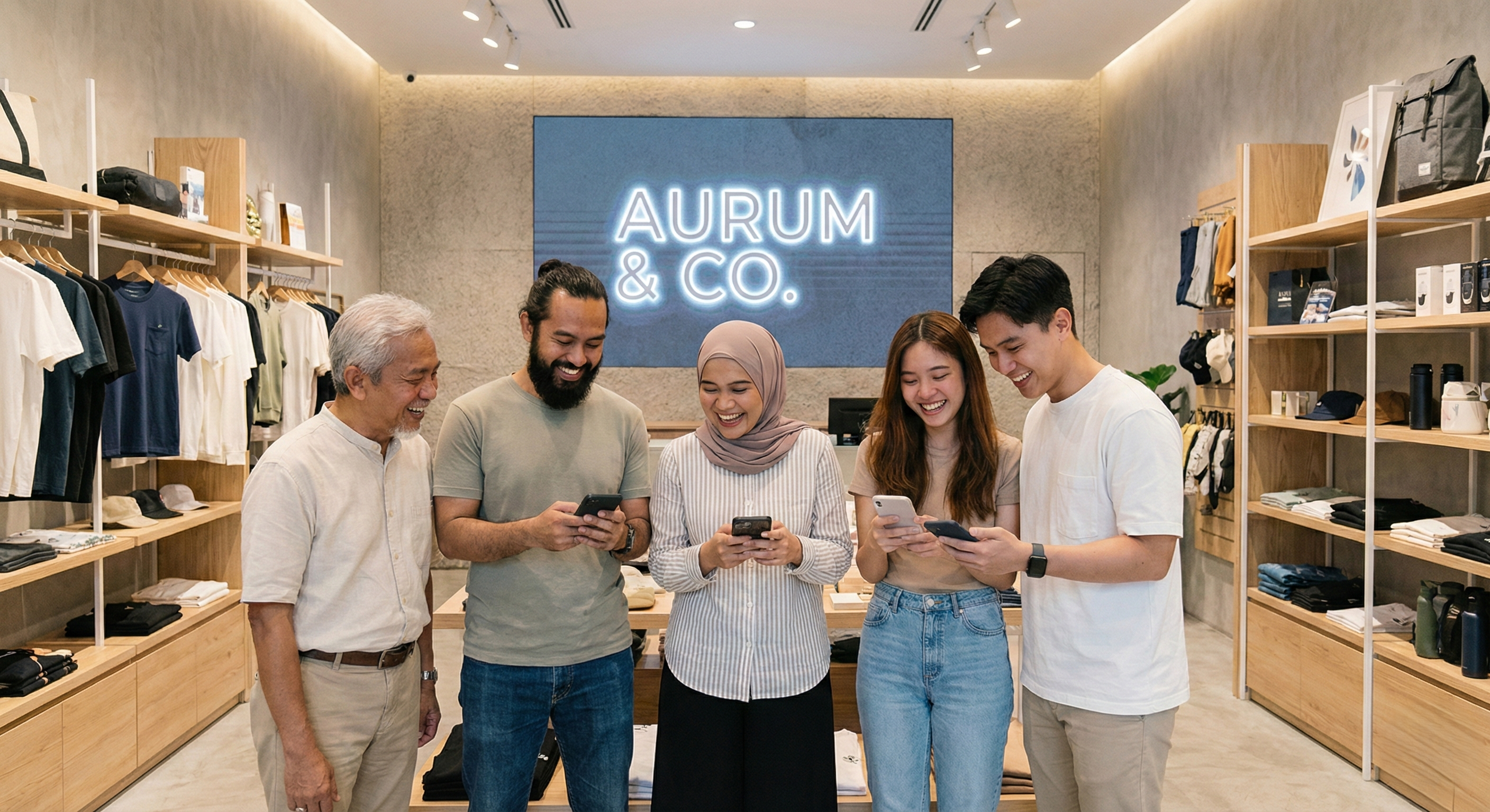 A group of five diverse individuals, including three men and two women, are standing together and smiling while looking down at their smartphones inside a modern retail clothing store. In the background, a large, illuminated neon sign on a textured wall reads "AURUM & CO.". The store is well-lit and features wooden shelves and racks filled with clothing and accessories.