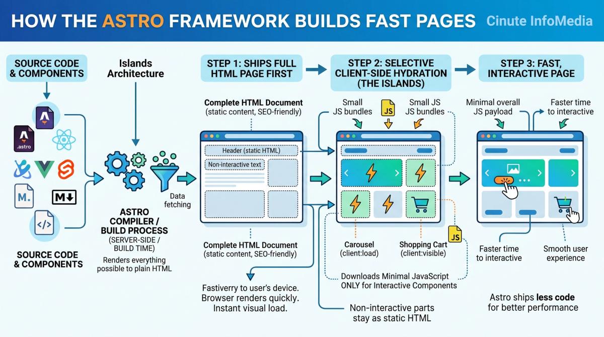 Astro framework process Islands architecture ships HTML first, hydrates only interactive parts"