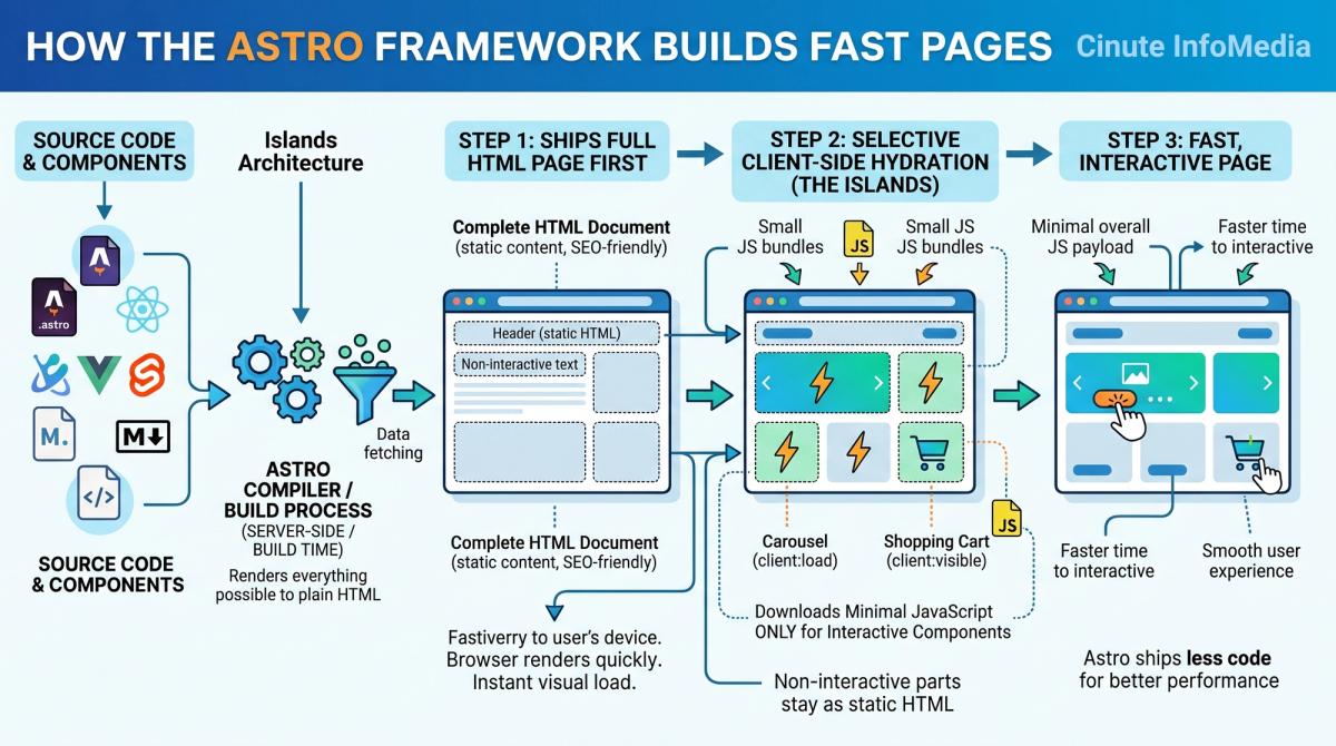 Astro framework process Islands architecture ships HTML first, hydrates only interactive parts"