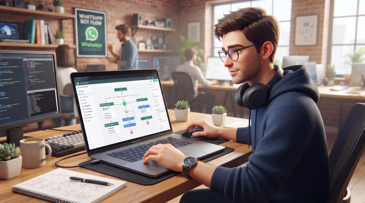 Developer designing a WhatsApp chatbot conversation flow on a laptop screen