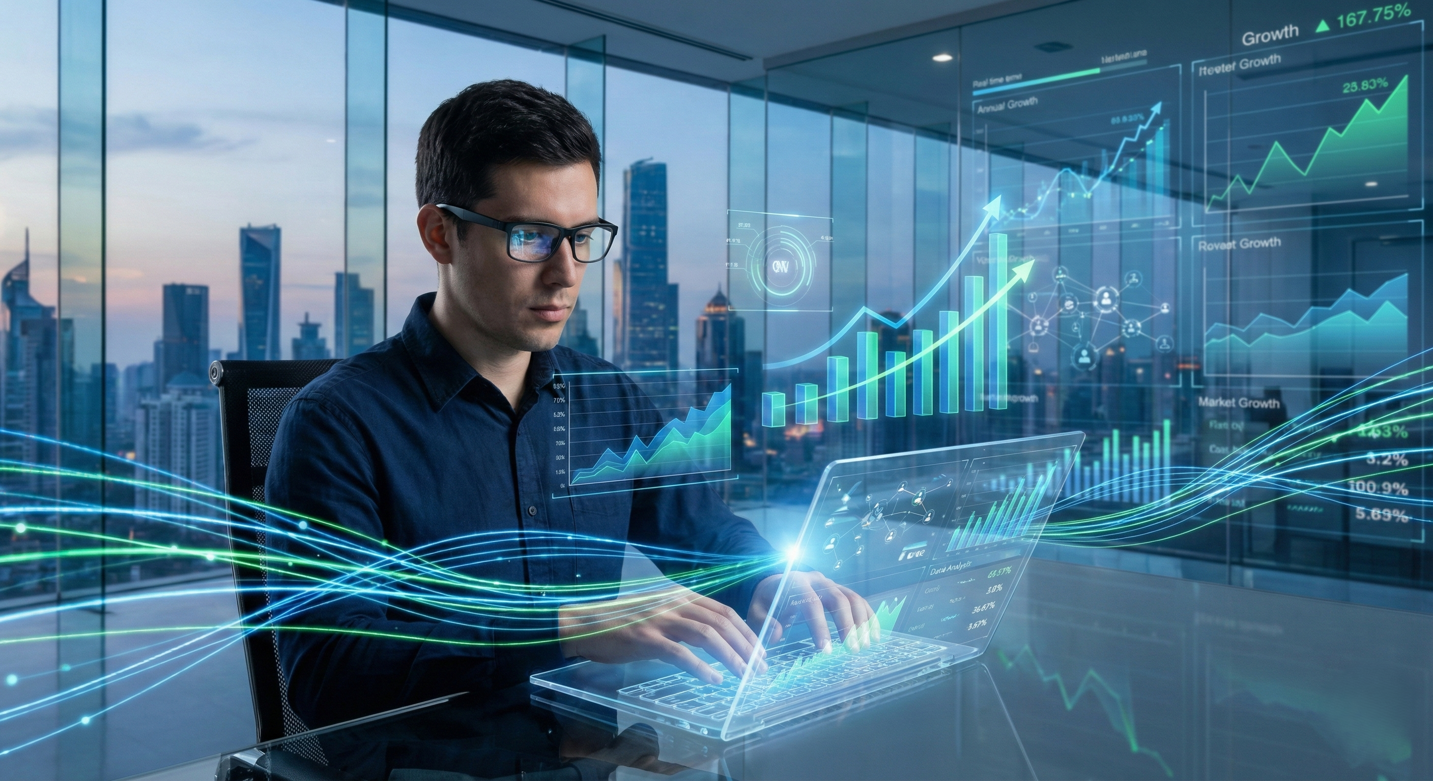 A conceptual photograph shows a man with glasses sitting at a desk in a modern, glass-walled office, intensely analyzing data on a laptop that projects holographic interfaces. Around him are glowing, futuristic visualizations of upward-trending growth charts, bar graphs, network diagrams, and data streams. The background features a panoramic view of a city skyline at dusk. The scene symbolizes advanced data analysis, technological innovation, and business growth in a futuristic setting.