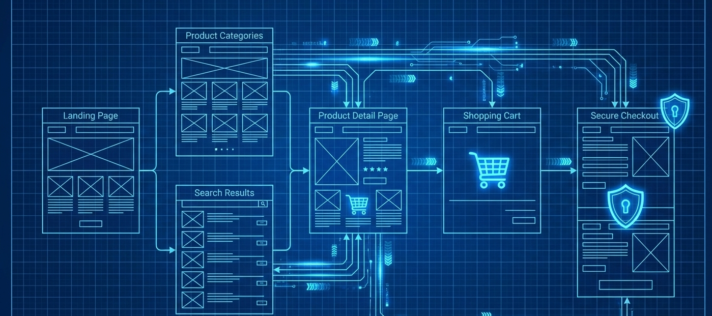 A wireframe diagram on a blue grid background, illustrating the user flow of an e-commerce website. Glowing blue lines and arrows connect the stages: "Landing Page," "Product List," "Product Detail Page," "Cart," and "Checkout Page." Glowing blue shopping cart icons are present on the "Landing Page" and "Cart" sections. The "Checkout Page" features three glowing blue security shield icons with padlocks, indicating secure transactions.