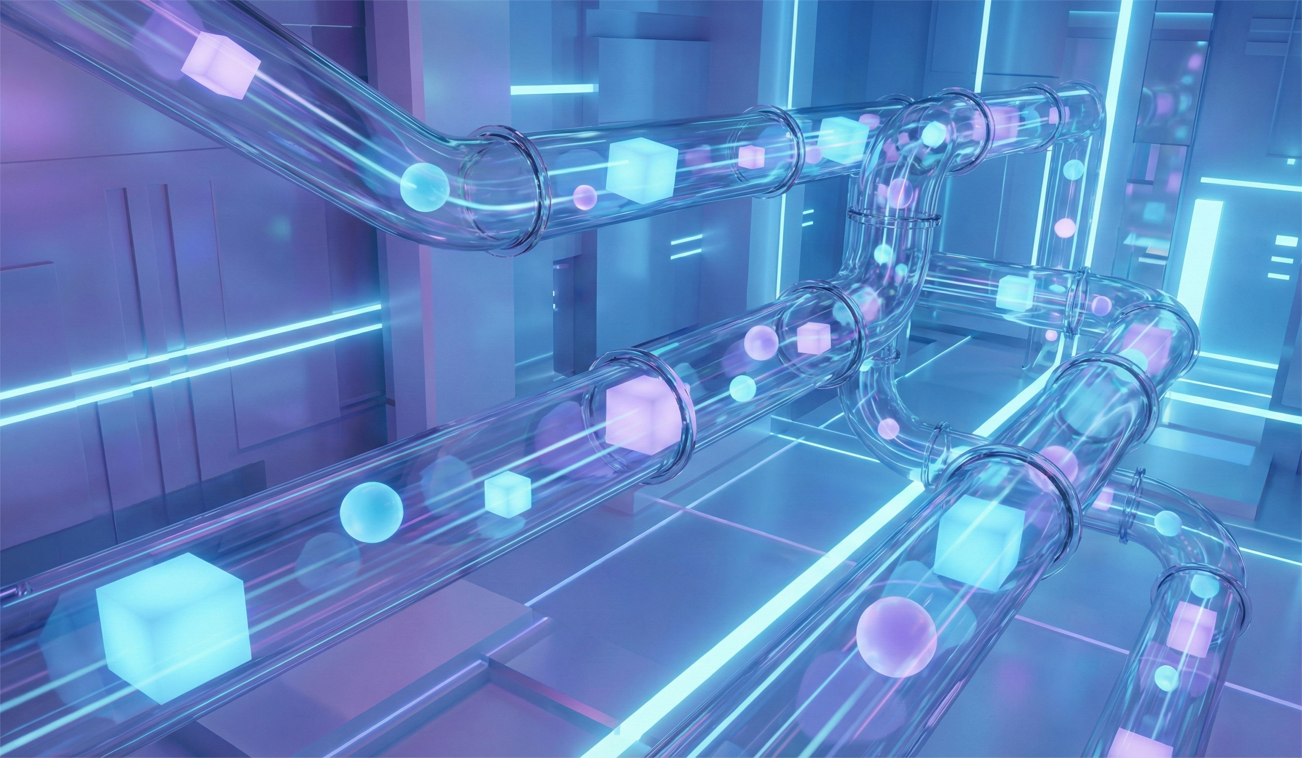An abstract, artistic 3D render visualizing data flow. Glowing blue and purple geometric shapes, specifically cubes and spheres of various sizes, are shown moving smoothly through a complex network of transparent glass pipelines. The pipelines are set against a futuristic, high-tech background with geometric structures, glowing blue neon light lines, and a clean, modern aesthetic, all bathed in cool blue and purple illumination.