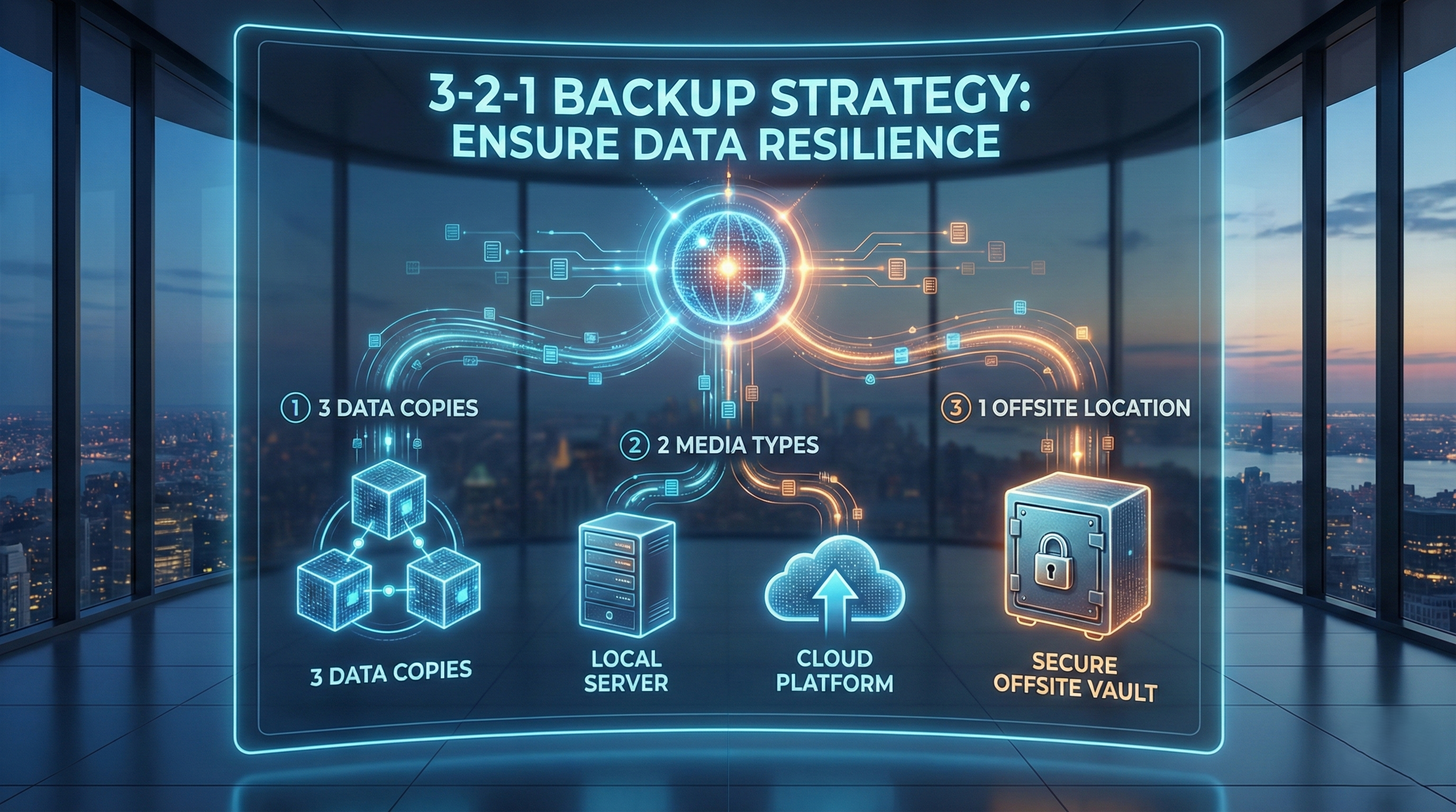 A futuristic digital infographic displayed on a transparent screen against a city skyline at dusk. The title reads "3-2-1 BACKUP STRATEGY: ENSURE DATA RESILIENCE". A central glowing globe with network connections is linked to three sections. The first section on the left, "1) 3 DATA COPIES", shows three interconnected glowing cubes labeled "3 DATA COPIES". The middle section, "2) 2 MEDIA TYPES", features a server rack icon labeled "LOCAL SERVER" and a cloud icon with an upload arrow labeled "CLOUD PLATFORM", connected by data streams. The third section on the right, "3) 1 OFFSITE LOCATION", displays a glowing safe icon with a padlock labeled "SECURE OFFSITE VAULT". All elements are connected by glowing blue and orange lines, illustrating data flow and redundancy.