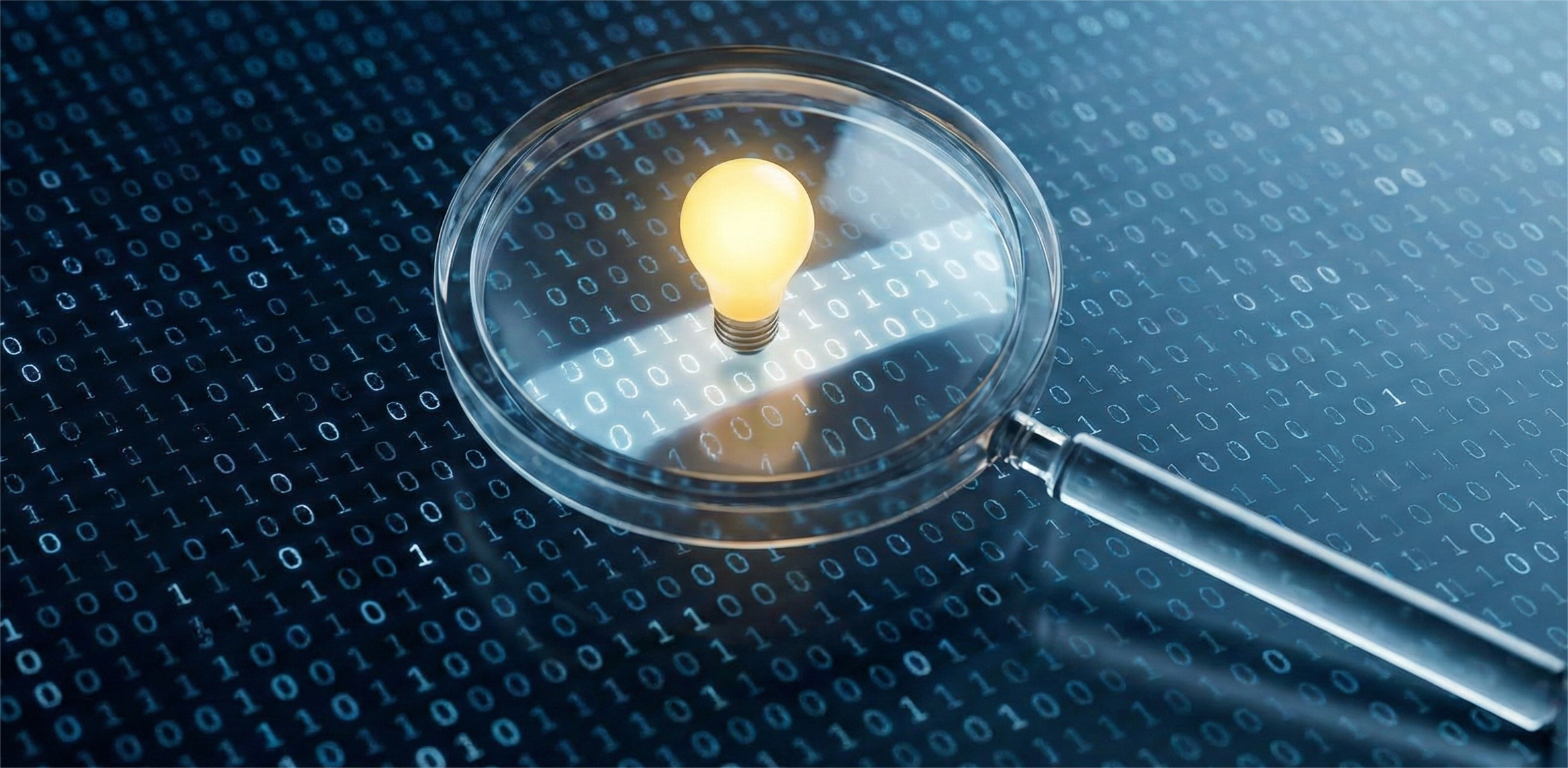 A magnifying glass rests on a background of blue binary code, with its lens magnifying a glowing light bulb, symbolizing the discovery of an idea within data.
