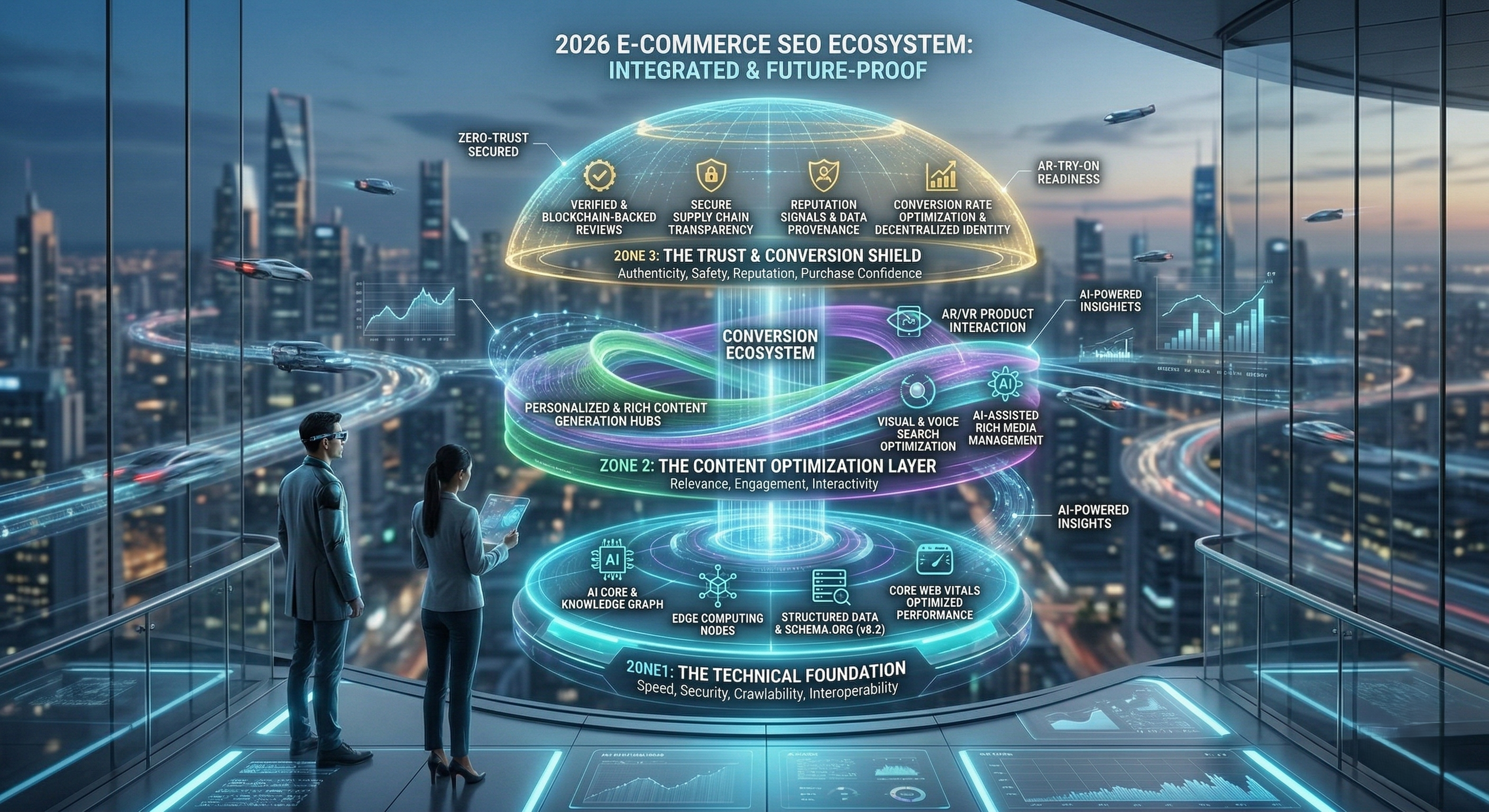 A multi-layered holographic infographic representing the "2026 E-commerce SEO Ecosystem" inside a futuristic high-rise office. The infographic is divided into three zones: Zone 1 (The Technical Foundation) focusing on AI code and edge computing; Zone 2 (The Content Optimization Layer) featuring visual/voice search and AR/VR; and Zone 3 (The Trust & Conversion Shield) highlighting blockchain-backed reviews and zero-trust security. Two analysts overlook a futuristic cityscape through the display.