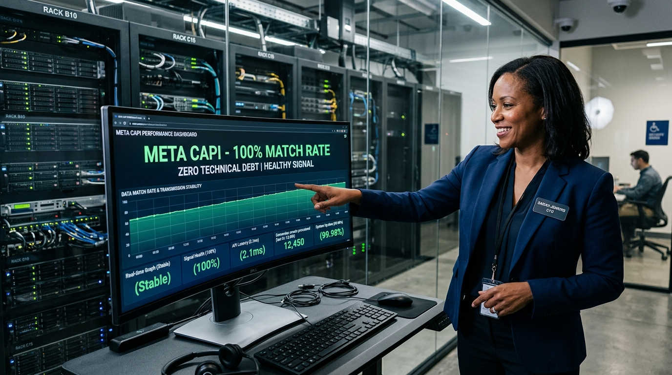 CTO reviewing a server dashboard showing flawless Meta CAPI match rates