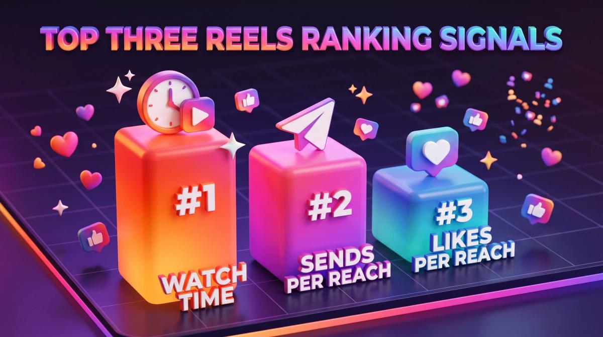 Bar chart ranking Reels signals: watch time, sends per reach and likes per reach