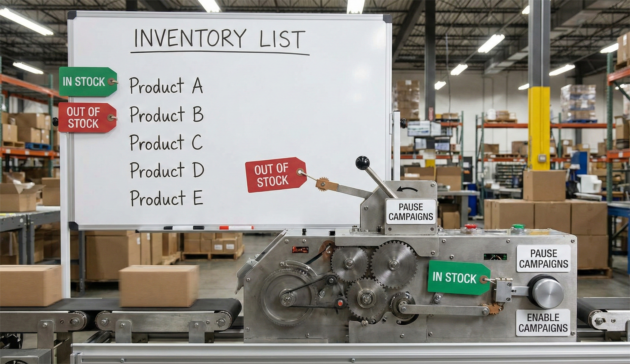 A conceptual industrial scene inside a warehouse. A whiteboard titled "INVENTORY LIST" displays products with physical green "IN STOCK" and red "OUT OF STOCK" tags. In front of it, a complex mechanical machine with rotating gears and levers is labeled "PAUSE CAMPAIGNS" and "ENABLE CAMPAIGNS," symbolizing the automated link between stock levels and ad activity.