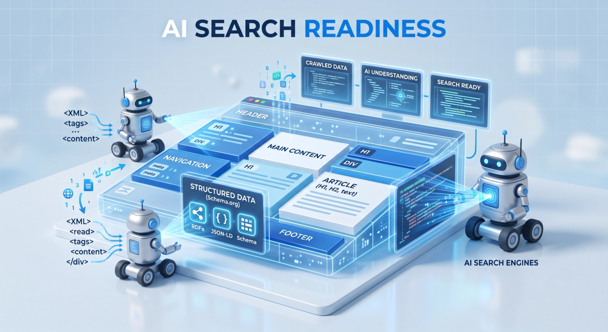 Illustration of AI crawlers and search engines reading a well-structured website
