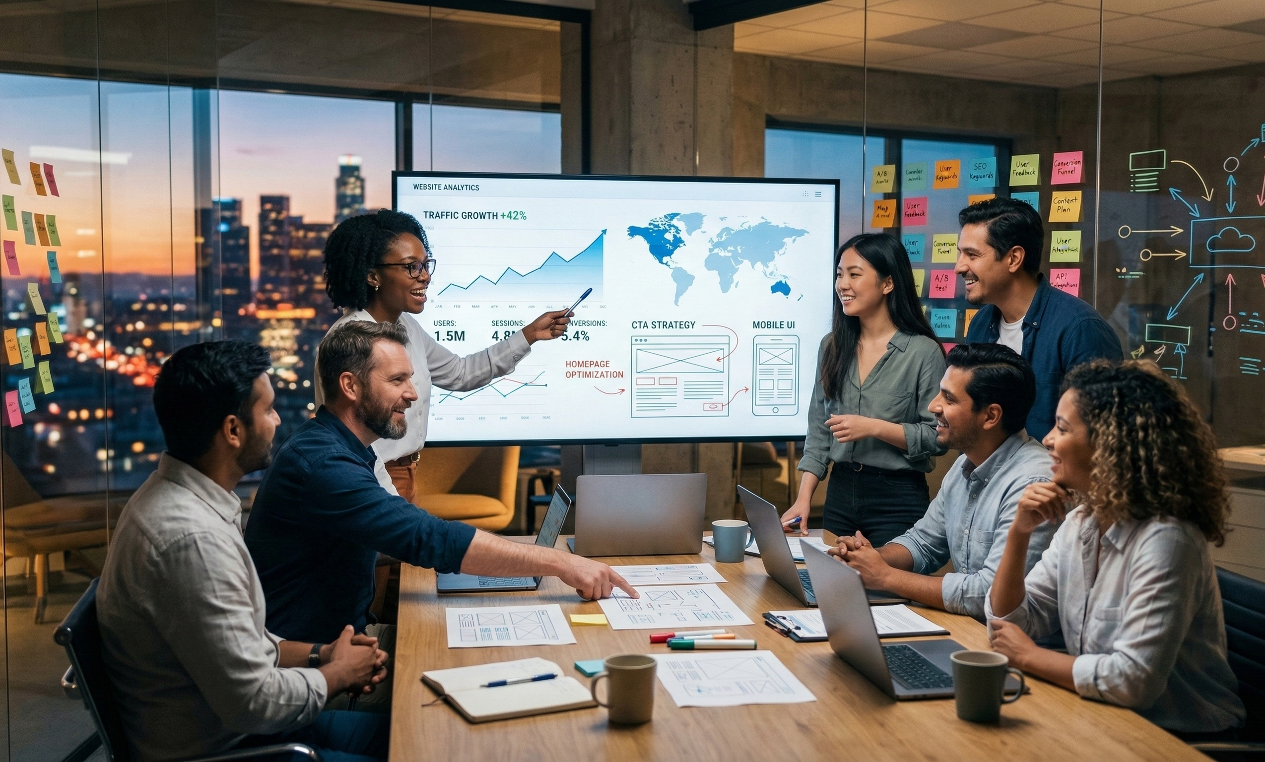A professional, diverse team of analysts and developers collaborates in a modern, glass-walled office with a nighttime city view. They are gathered around a large digital display showing website analytics with an upward-trending growth chart, a global traffic map, and website wireframes. On a wooden table, team members point to printed reports while others use laptops. In the background, a glass wall is decorated with colorful sticky notes and an intricate digital cloud connectivity diagram. The scene is illuminated with warm, cinematic lighting, conveying an optimistic and strategic atmosphere.