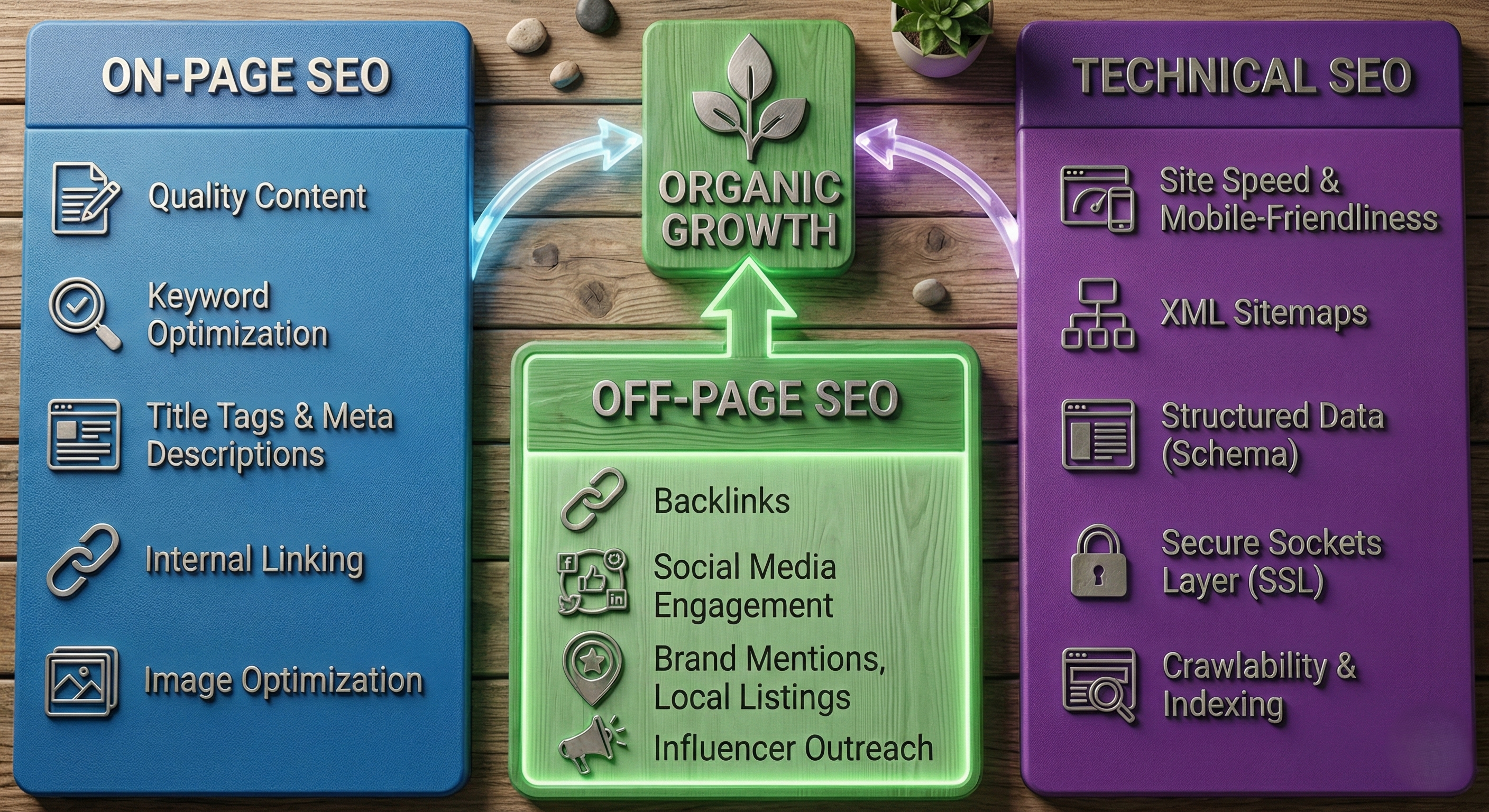 Infographic showing on-page, off-page, and technical SEO pillars for organic growth