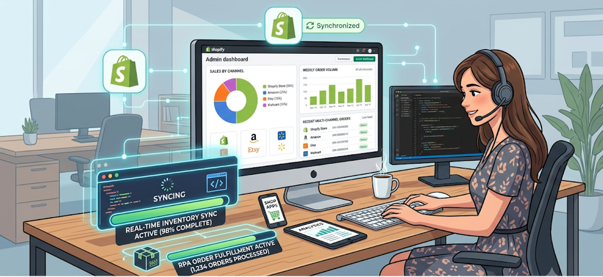 Vector illustration of a professional managing an e-commerce dashboard with active real-time inventory sync and RPA fulfillment overlays.