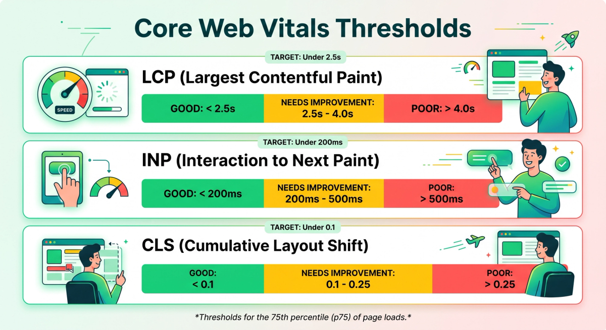 Chart of Core Web Vitals thresholds for LCP, INP and CLS marked good, needs improvement and poor