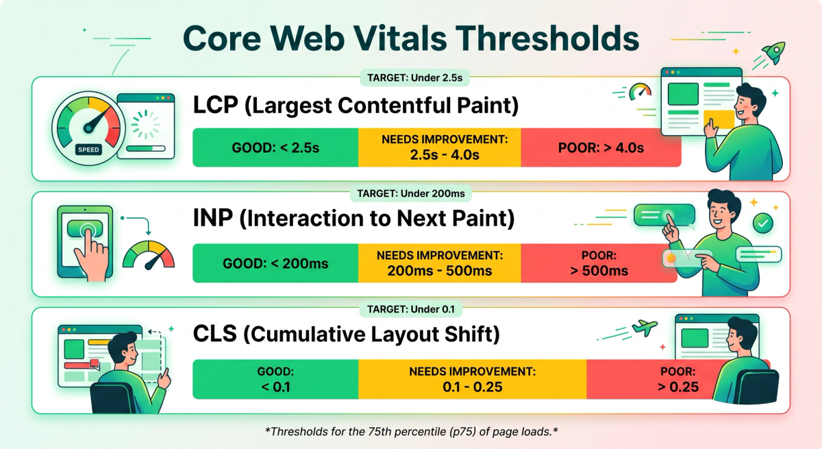 Chart of Core Web Vitals thresholds for LCP, INP and CLS marked good, needs improvement and poor
