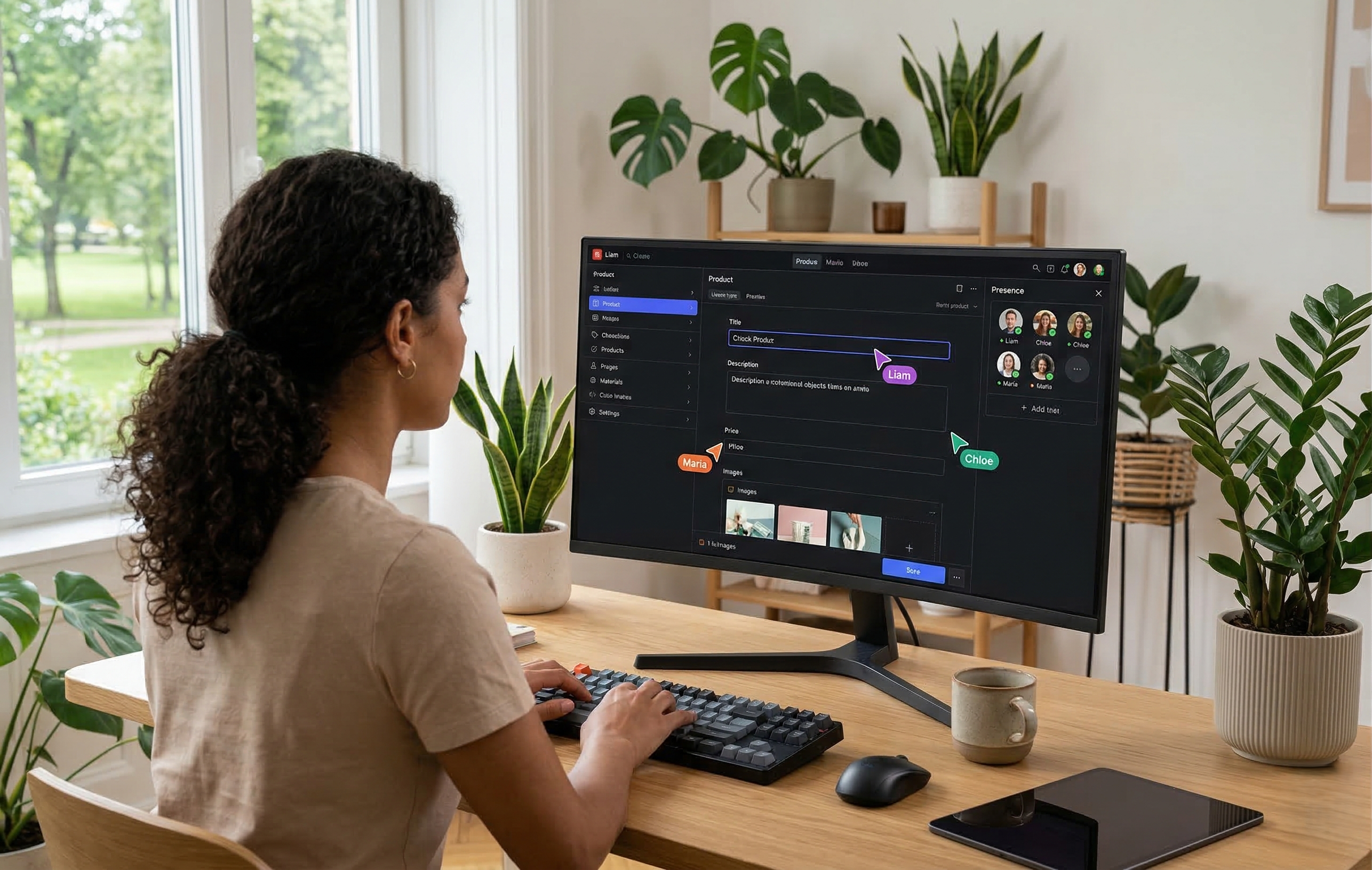 Illustration of a modern collaborative digital studio interface showing real-time content editing, multiple cursors, and structured data management.