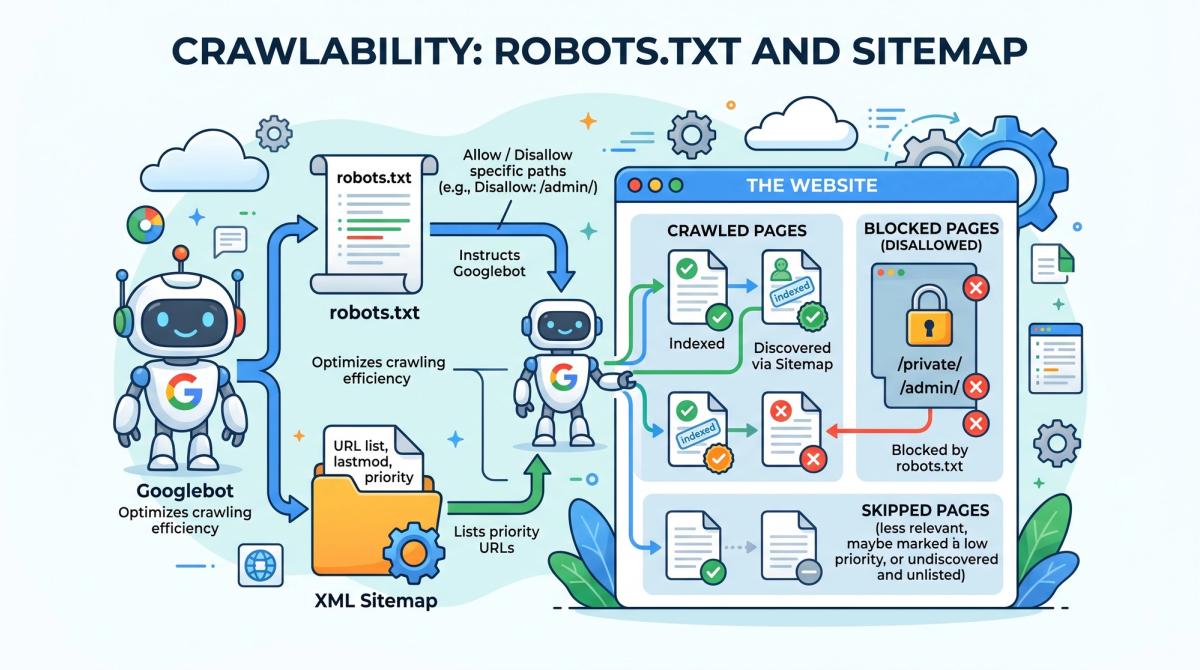 Diagram of Googlebot crawling a site guided by robots.txt and an XML sitemap