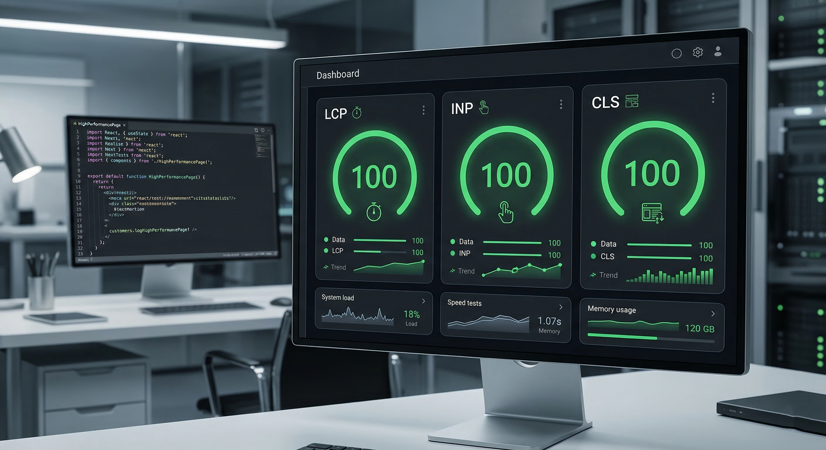 Illustration of a website performance dashboard with perfect green scores and modern JavaScript code on a screen, conveying speed and modern architecture.
